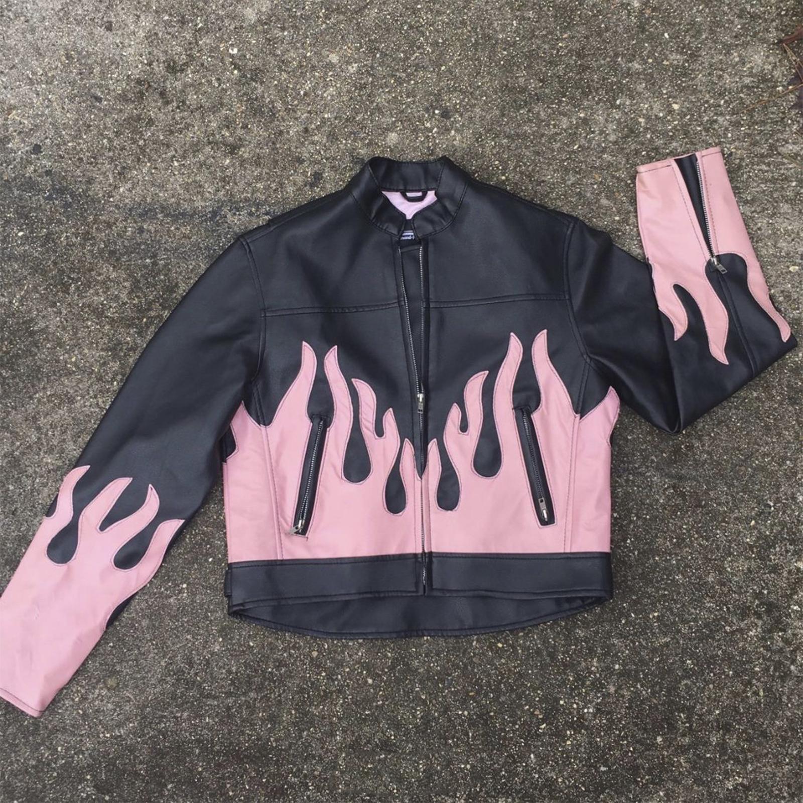 Pink Flame Leather Jacket for Women – Real Lambskin Moto Biker Style | Bold Streetwear Look